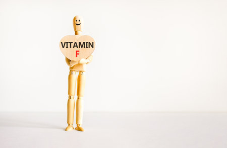 Vitamin F symbol. Concept words Vitamin F on beautiful wooden heart. Doctor's model. Beautiful white background. Copy space. Medical healthy lifestyle Vitamin F concept.の写真素材