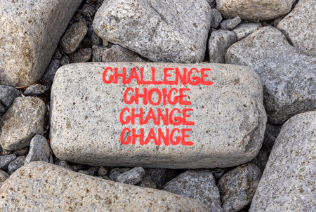 Challenge choice change chance symbol. Concept words Challenge choice change chance on beautiful gray stone. Beautiful stone background. Business Challenge choice change chance concept. Copy space.の写真素材