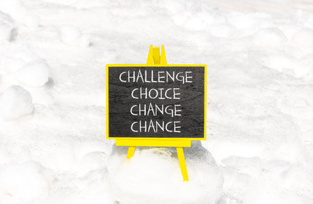 Challenge choice change chance symbol. Concept words Challenge choice change chance on beautiful blackboard. Beautiful snow background. Business Challenge choice change chance concept. Copy space.の写真素材