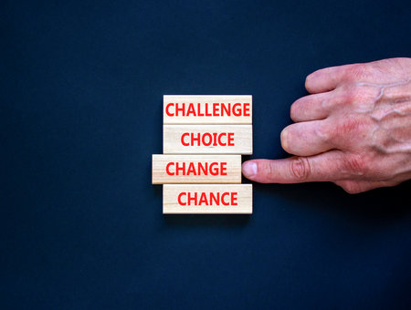 Challenge choice change chance symbol. Concept words Challenge choice change chance on beautiful wooden blocks. Beautiful black background. Business Challenge choice change chance concept. Copy space.の写真素材