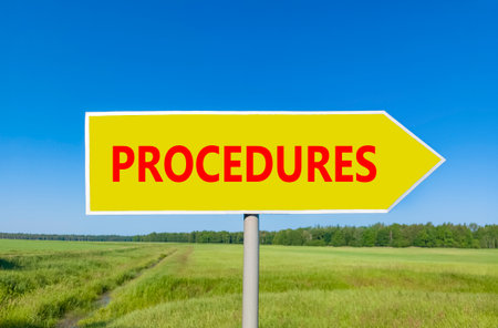Procedures symbol. Concept word Procedures on beautiful yellow road sign. Beautiful blue sky green grass and forest peaceful nature background. Business procedures concept. Copy space.の写真素材