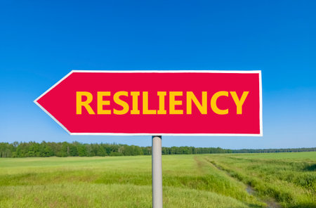 Resilience symbol. Concept word Resiliency on beautiful red road sign. Beautiful blue sky green grass and forest peaceful nature background. Business resiliency concept. Copy space.の写真素材