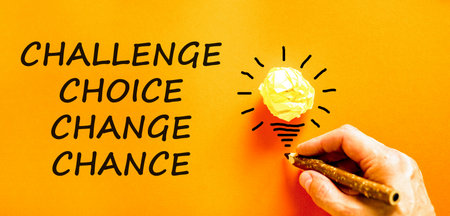 Challenge choice change chance symbol. Concept words Challenge choice change chance on beautiful paper. Beautiful orange background. Business Challenge choice change chance concept. Copy space.の写真素材