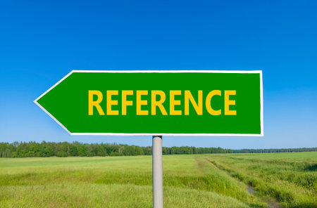References or reference symbol. Concept word Reference on beautiful green road sign Beautiful blue sky green grass forest peaceful nature background Business references or reference concept Copy spaceの写真素材