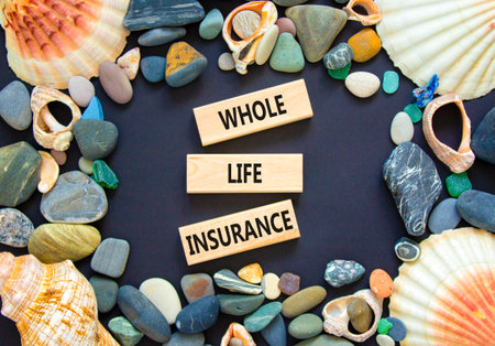 Whole life insurance symbol. Concept words Whole life insurance on beautiful wooden blocks. Beautiful black background. Sea shells and sea stones. Business whole life insurance concept. Copy space.の写真素材