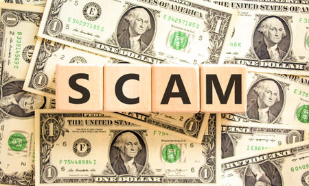 Scam symbol. Concept word Scam on beautiful wooden blocks. Dollar bills. Beautiful background from...