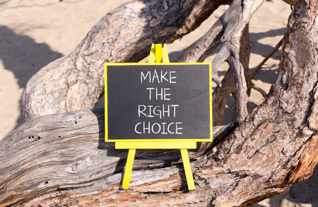 Make the right choice symbol. Concept words phrase Make the right choice on beautiful black blackboard. Beautiful old tree background. Business Make the right choice concept. Copy space.の写真素材