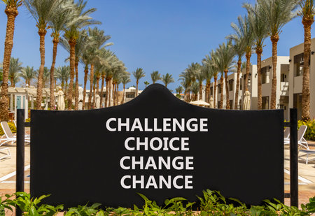 Challenge choice change chance symbol. Concept words Challenge choice change chance on beautiful road sign. Beautiful palm tree background. Business Challenge choice change chance concept. Copy space.の写真素材