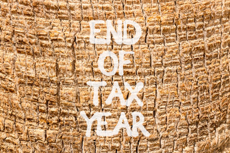 End of tax year symbol. Concept words phrase End of tax year on beautiful palm tree bark. Beautiful palm tree bark background. Business End of tax year concept. Copy space.の写真素材