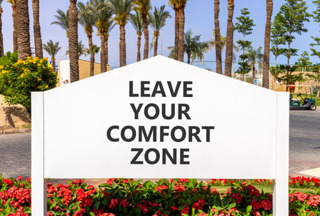 Leave your comfort zone symbol. Concept words Leave your comfort zone on beautiful road sign. Beautiful palm blue sky background. Business psychological Leave your comfort zone concept. Copy space.の写真素材