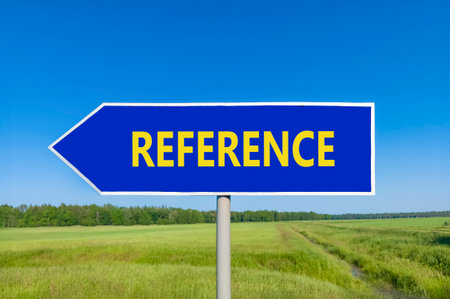 References or reference symbol. Concept word Reference on beautiful blue road sign. Beautiful blue sky green grass forest peaceful nature background Business references or reference concept Copy spaceの写真素材
