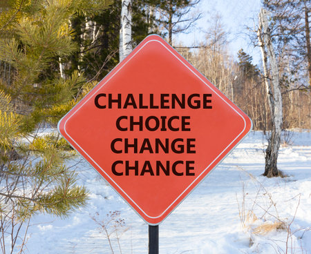 Challenge choice change chance symbol. Concept words Challenge choice change chance on beautiful road sign. Beautiful forest background. Business Challenge choice change chance concept. Copy space.の写真素材