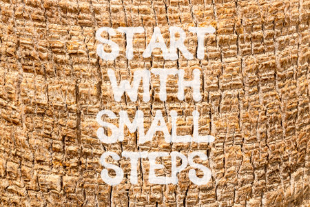 Start with small steps symbol. Concept words phrase Start with small steps on beautiful palm tree bark. Beautiful palm tree bark background. Business Start with small steps concept. Copy space.の写真素材