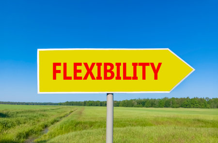 Flexibility symbol. Concept word Flexibility on beautiful yellow road sign. Beautiful blue sky green grass and forest peaceful nature background. Business flexibility concept. Copy space.の写真素材