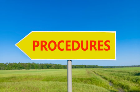 Procedures symbol. Concept word Procedures on beautiful yellow road sign. Beautiful blue sky green grass and forest peaceful nature background. Business procedures concept. Copy space.の写真素材