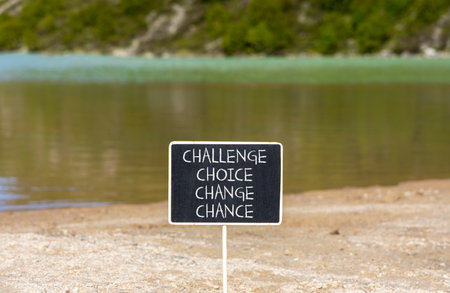 Challenge choice change chance symbol. Concept words Challenge choice change chance on beautiful blackboard. Beautiful mountain background. Business Challenge choice change chance concept. Copy space.の写真素材