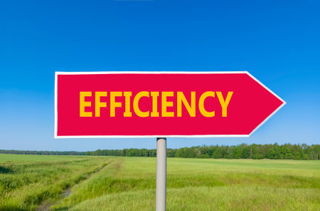 Efficiency symbol. Concept word Efficiency on beautiful red road sign. Beautiful blue sky green...
