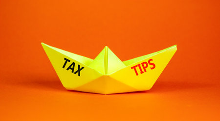 Tax tips symbol. Concept word Tax tips on beautiful yellow paper boat. Beautiful orange paper background. Business tax tips concept. Copy space.の写真素材