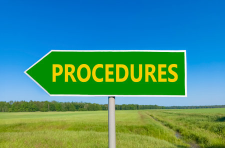 Procedures symbol. Concept word Procedures on beautiful green road sign. Beautiful blue sky green grass and forest peaceful nature background. Business procedures concept. Copy space.の写真素材