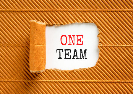 One team symbol. Concept word One team on beautiful white paper. Beautiful brown paper background. Business one team concept. Copy space.の写真素材