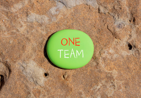 One team symbol. Concept word One team on beautiful green stone. Beautiful red brown stone background. Business one team concept. Copy space.の写真素材