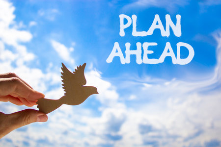 Plan ahead symbol. Concept word Plan ahead on beautiful blue sky. Businessman's hand with wooden bird. Beautiful blue sky and cloud background. Business plan ahead concept. Copy space.の写真素材