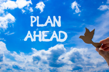 Plan ahead symbol. Concept word Plan ahead on beautiful blue sky. Businessman's hand with wooden bird. Beautiful blue sky and cloud background. Business plan ahead concept. Copy space.の写真素材