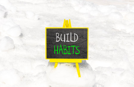 Build habits symbol. Concept word Build habits on beautiful black blackboard. Beautiful white snow background. White snow. Black blackboard. Business build habits concept. Copy space.の写真素材