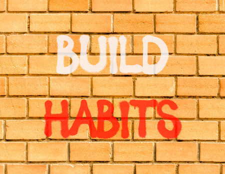 Build habits symbol. Concept word Build habits on beautiful brown brick wall. Beautiful brown brick wall background. Brick wall Business build habits concept. Copy space.の写真素材