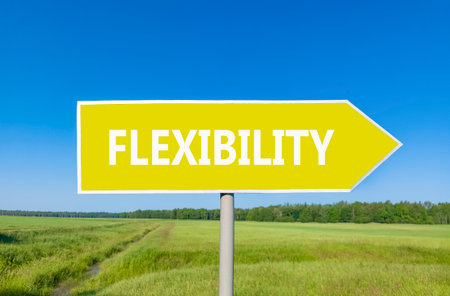 Flexibility symbol. Concept word Flexibility on beautiful yellow road sign. Beautiful blue sky green grass and forest peaceful nature background. Business flexibility concept. Copy space.の写真素材