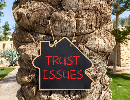 Trust issues symbol. Concept word Trust issues on beautiful black blackboard. Beautiful old palm tree background. Black blackboard. Business trust issues concept. Copy space.の写真素材
