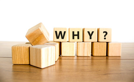 Why question symbol. Concept word Why question on beautiful wooden blocks. Beautiful wooden table white background. Business, lifestyle, support and why question concept. Copy space.の写真素材