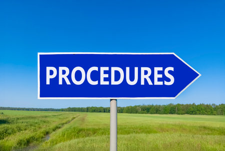 Procedures symbol. Concept word Procedures on beautiful blue road sign. Beautiful blue sky green grass and forest peaceful nature background. Business procedures concept. Copy space.の写真素材