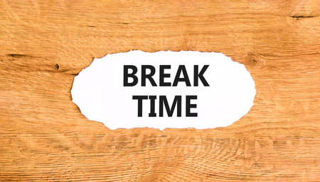 Break time symbol. Concept Break word time on beautiful white paper. Beautiful wooden paper background. Business break time concept. Copy space.の写真素材