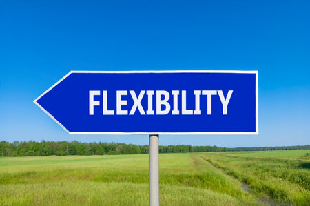 Flexibility symbol. Concept word Flexibility on beautiful blue road sign. Beautiful blue sky green grass and forest peaceful nature background. Business flexibility concept. Copy space.の写真素材