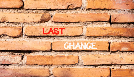 Last chance symbol. Concept word Last chance on beautiful old brown brick wall. Beautiful old brown...