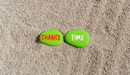 Chance time symbol. Concept word Chance time on beautiful green stones. Sea sand beach. Beautiful...