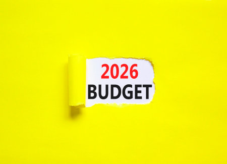 2026 Budget symbol. Concept words 2026 Budget on beautiful white paper. Beautiful yellow paper...