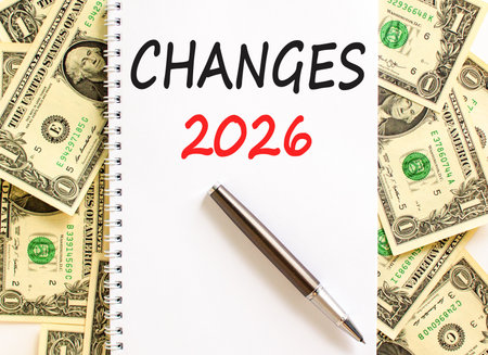 Changes 2026 symbol. Concept words Changes 2026 on beautiful white note. Beautiful dollar bills...
