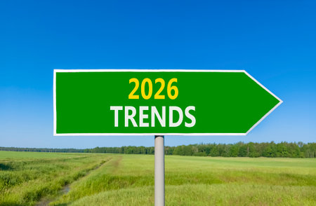 2026 Trends new year symbol. Concept words 2026 Trends on beautiful green road sign. Beautiful green...