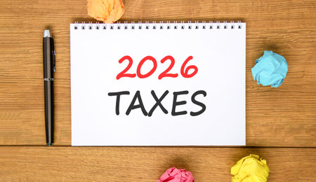2026 taxes new year symbol. Concept words 2026 taxes on beautiful white note. Beautiful wooden...