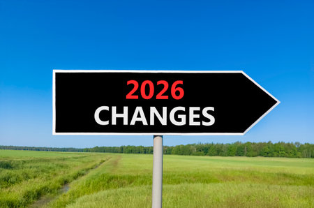 2026 Changes symbol. Concept words 2026 Changes on beautiful black road sign. Beautiful green grass...