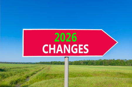 2026 Changes symbol. Concept words 2026 Changes on beautiful red road sign. Beautiful green grass...