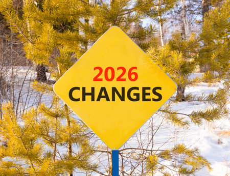 2026 Changes symbol. Concept words 2026 Changes on beautiful yellow road sign. Beautiful winter...