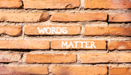Words matter symbol. Concept word Words matter on beautiful old brown brick wall. Beautiful old brown brick wall background. Old brick wall. Business words matter concept. Copy space.の写真素材