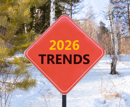 2026 Trends new year symbol. Concept words 2026 Trends on beautiful red road sign. Beautiful winter...