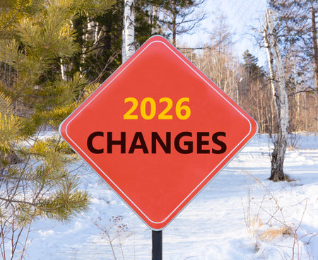 2026 Changes symbol. Concept words 2026 Changes on beautiful red road sign. Beautiful winter forest...
