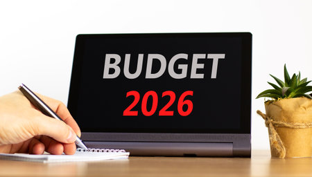 Budget 2026 symbol. Concept words Budget 2026 on beautiful black tablet screen. Beautiful white...