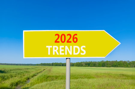 2026 Trends new year symbol. Concept words 2026 Trends on beautiful yellow road sign. Beautiful...