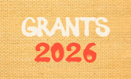 Grants 2026 symbol. Concept words Grants 2026 on beautiful old brown brick wall. Beautiful old brown...